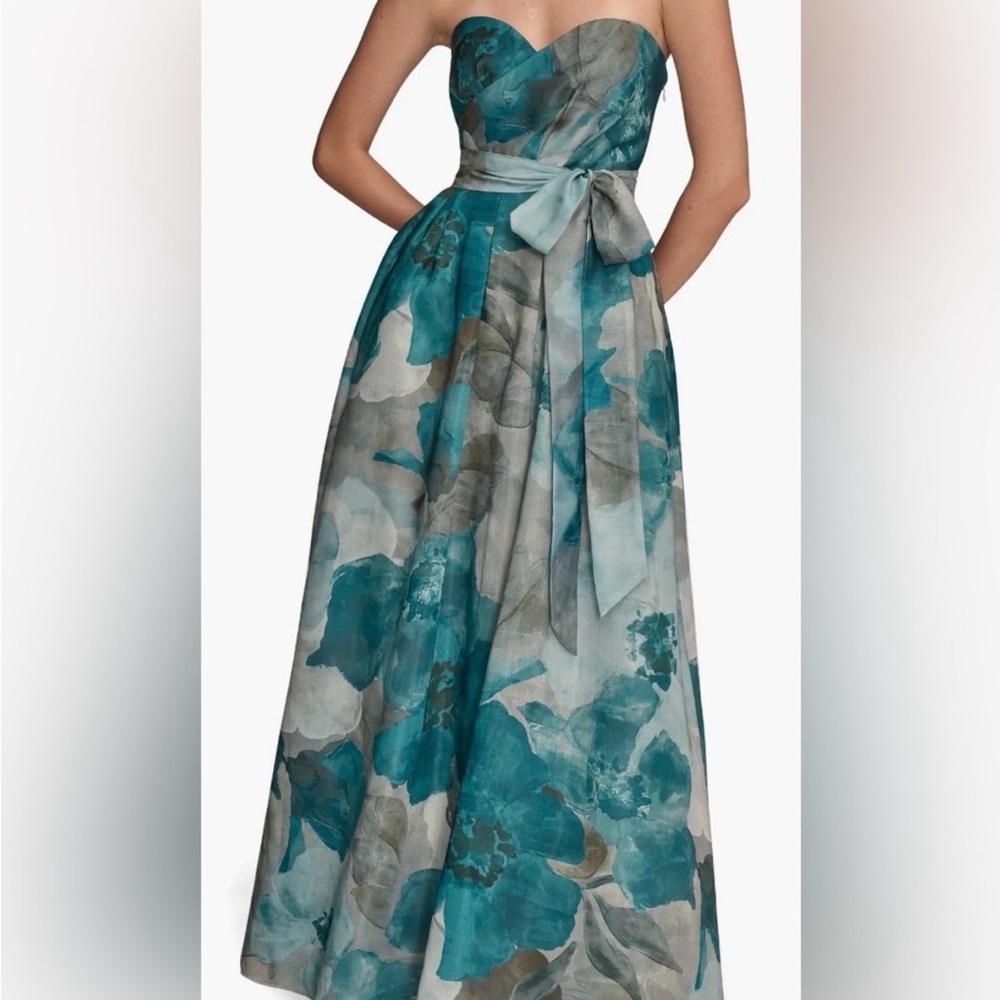 Donna Karan Green Floral Strapless Fit & Flare Gown, SIZE 4